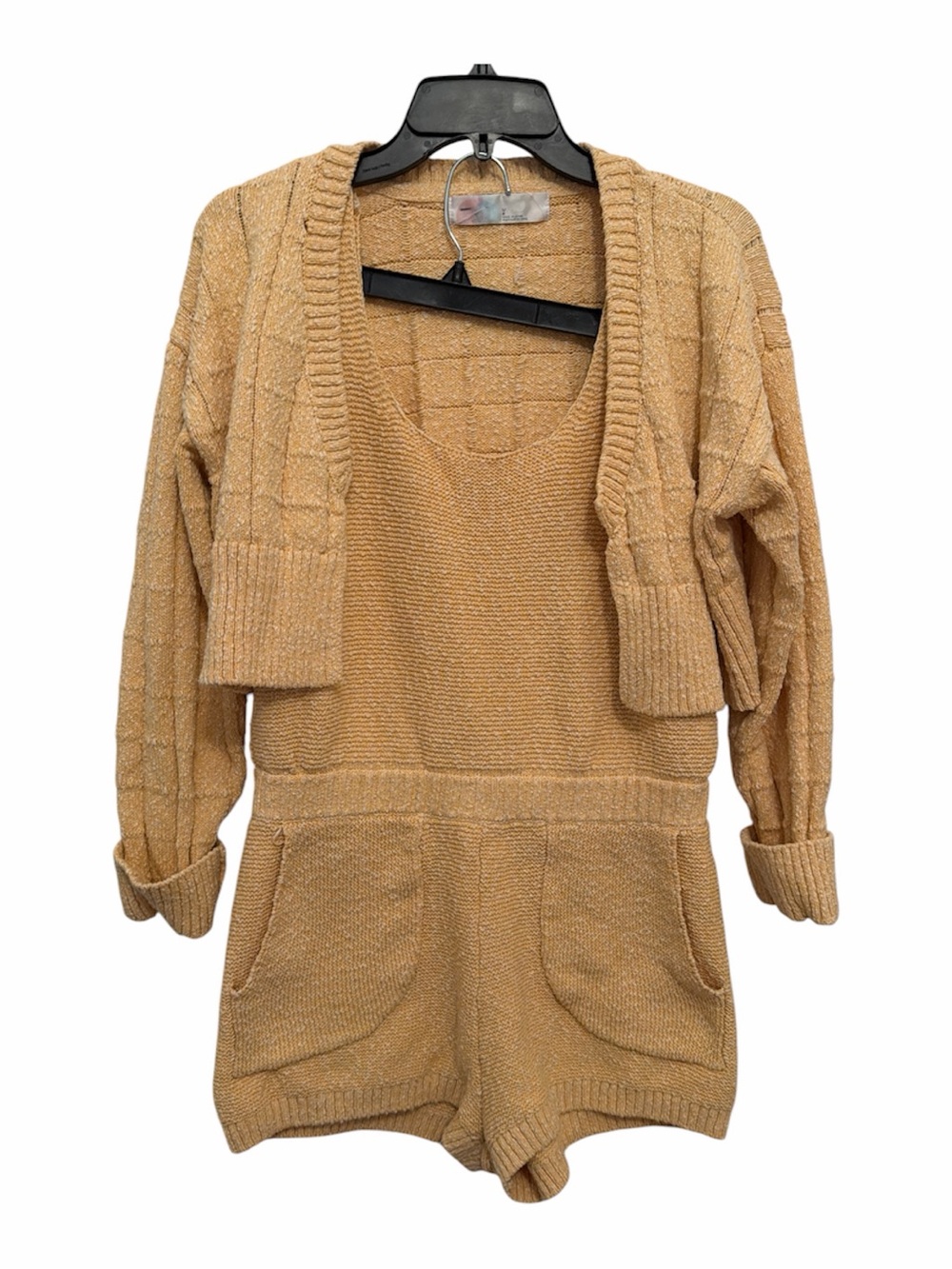 Free people beach Cozy Knit Camel Sweater Romper with Matching Cropped Cardigan